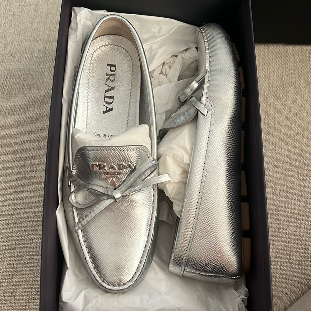 Prada Silver Driving Moccasins (Size 38)